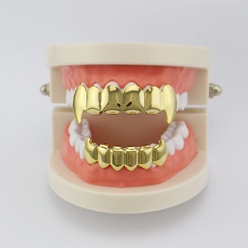 OOCC 18K Gold Silver Plated Hip Hop Vampire Fangs Teeth Grillz Caps Top and Bottom Set for Your Teeth - Image 2
